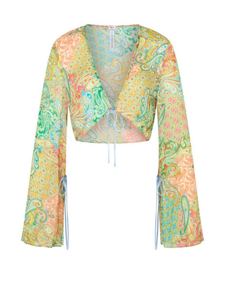 Damen cropped Bluse mit weitem Arm und verspieltem Paisleymuster R&B