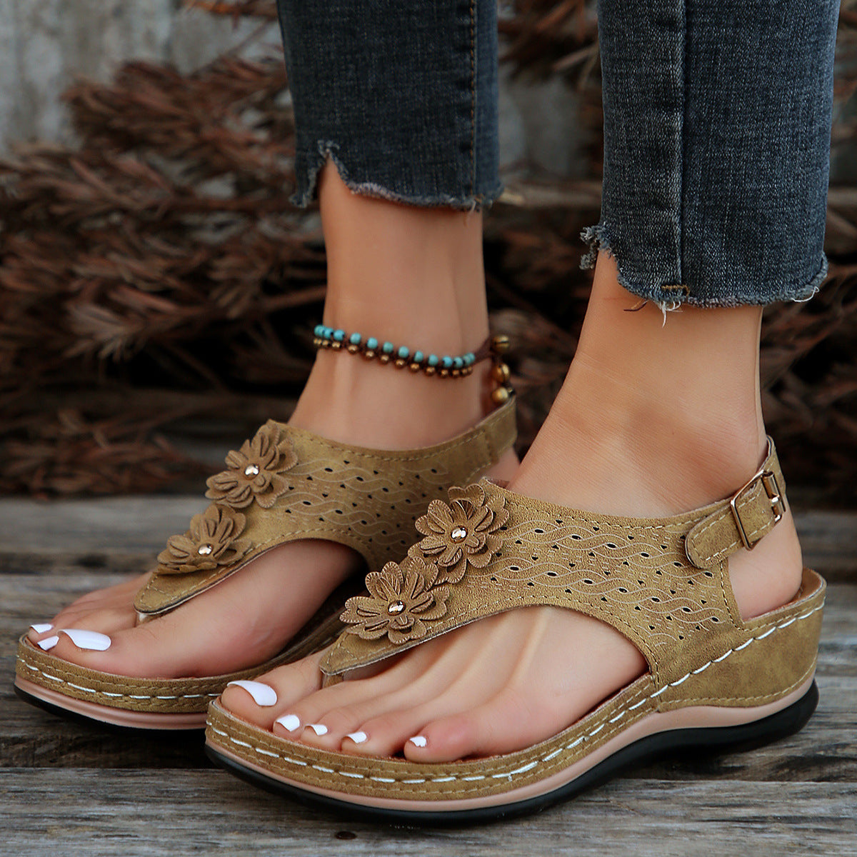 Damen modische Zehentrenner-Sandalen mit floralem Design und rutschfester Sohle R&B