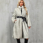 Damen Eleganter Kunstpelz-Mantel mit Taillengürtel und hochgeschlossenem Kragen R&B