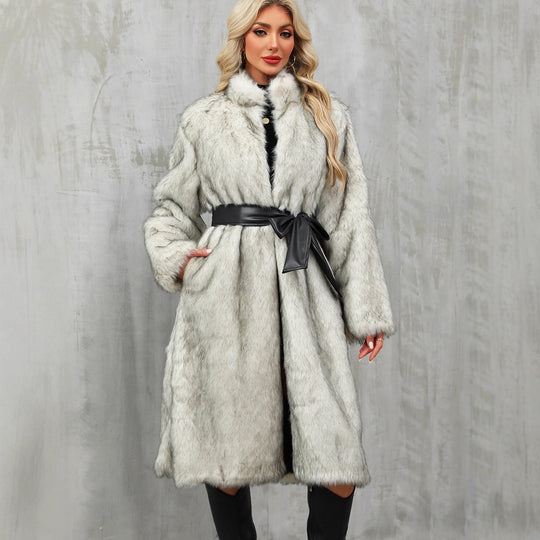 Damen Eleganter Kunstpelz-Mantel mit Taillengürtel und hochgeschlossenem Kragen R&B