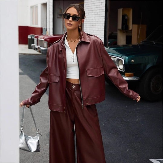 Damen modische Kunstlederjacke im Oversized-Stil R&B