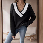 Damen oversized V-Pullover mit strukturiertem Rippstrickdesign R&B