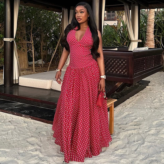 Damen nan langes Neckholderkleid mit tiefem V-Ausschnitt, taillierter Empire-Naht und schwingendem Stufenrock R&B