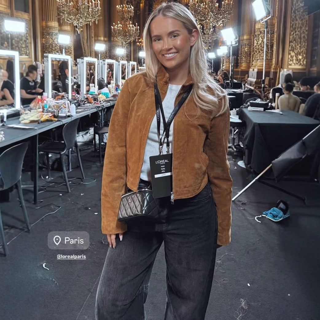 Damen kurze Kunstlederjacke mit elegantem Kragen und praktischen Taschen R&B