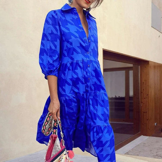 Damen Langarm-Hemdblusenkleid mit modischem Muster und praktischen Taschen R&B