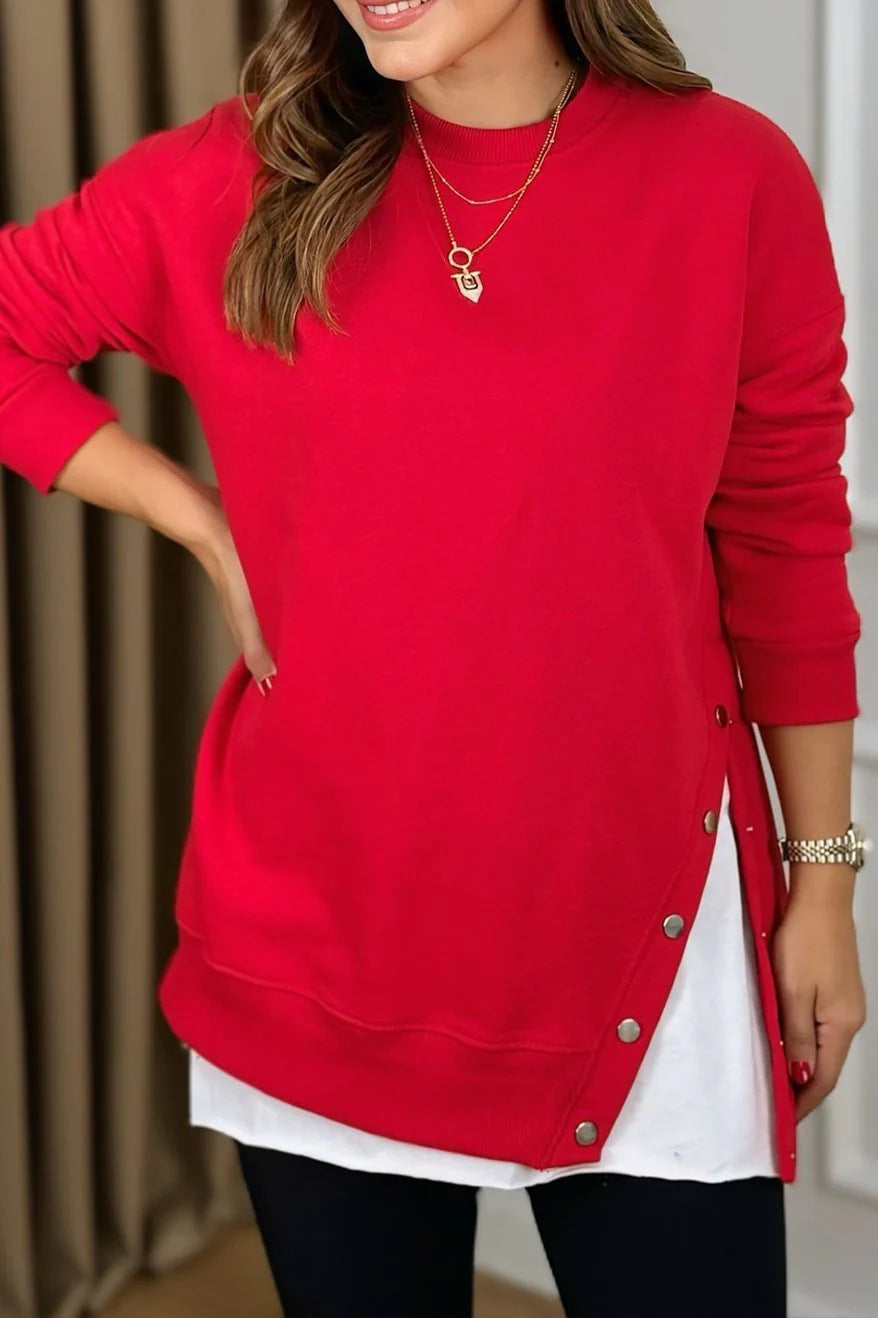 Damen Longpullover mit Modischen Druckknöpfen R&B