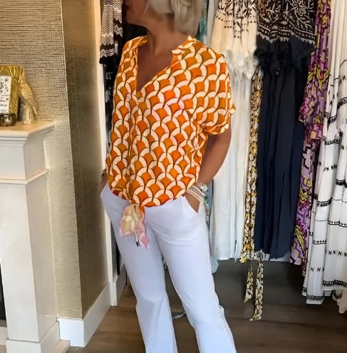 Damen nan kurzärmeliges geometrisches Blusenshirt mit Knotenbund und Stehkragen R&B