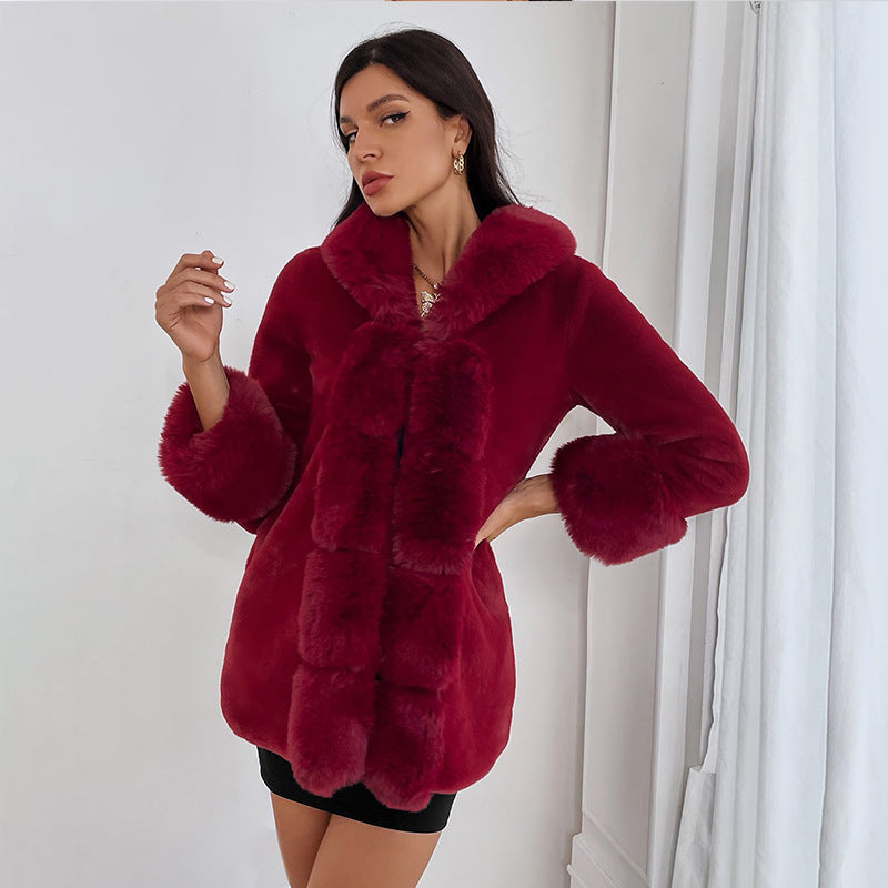 Damen Flauschige Kunstpelzjacke mit Kapuze und dekorativen Details R&B