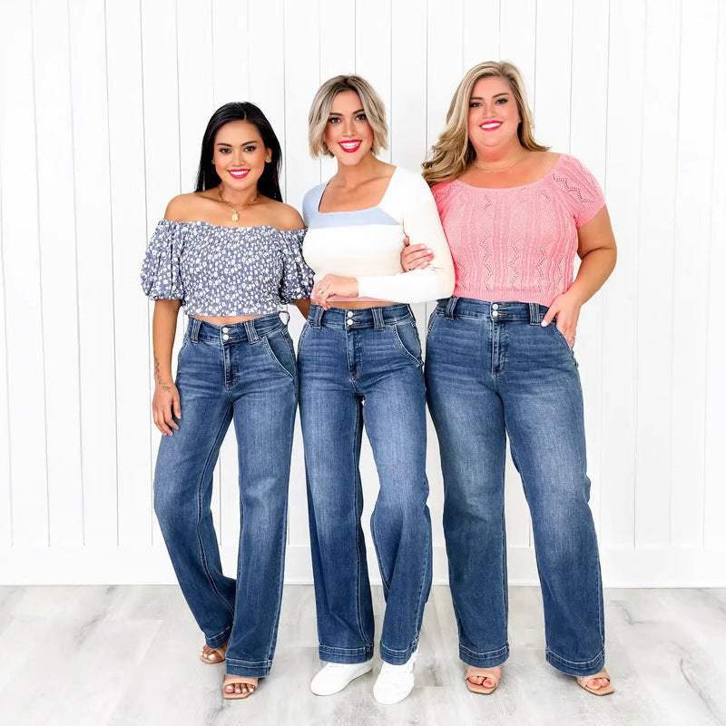 Damen Weit geschnittene Hochbundjeans mit modernen Waschungen R&B