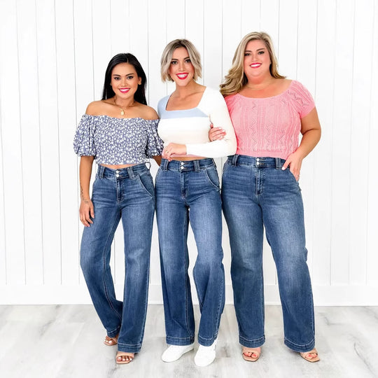 Damen Weit geschnittene Hochbundjeans mit modernen Waschungen R&B