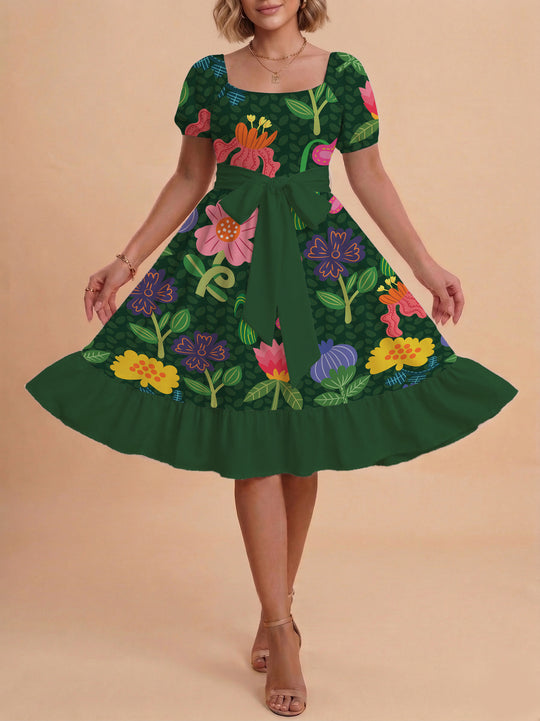 Damen Blumenkleid mit taillierbarem Gürtel und voluminösen Ärmeln R&B