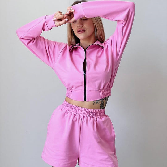 Damen Sportliches Kurzarm Set mit funktionalem Reißverschluss und elastischem Bund R&B