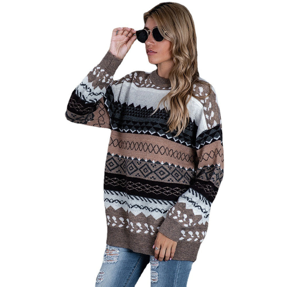 Damen Grobstrickpullover mit ethnischem Muster und weitem Schnitt R&B
