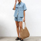 Damen lässige Kurzarm-Jeansbluse mit passender Shorts R&B