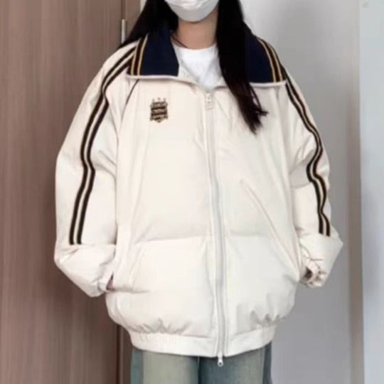 Damen Sportliche Pufferjacke mit kontrastierenden Streifen und hohem Kragen R&B