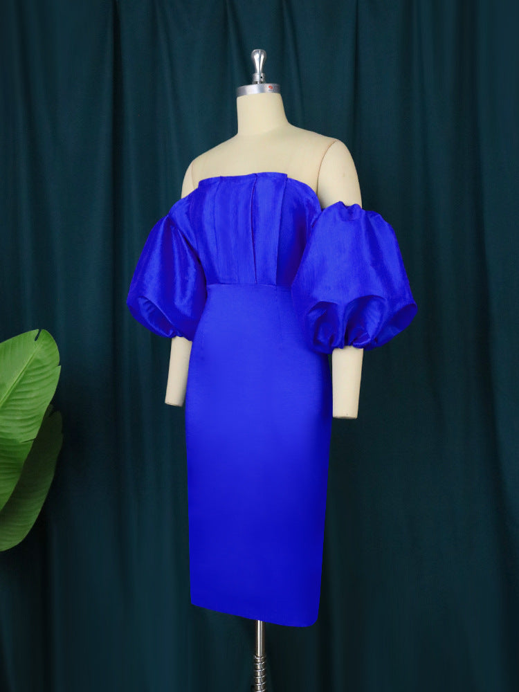 Damen figurbetontes Kleid mit schulterfreiem Design und voluminösen Puffärmeln R&B