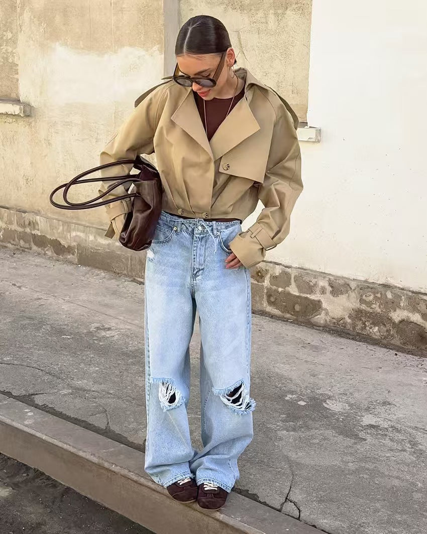 Damen Trendige Cropped Trenchjacke mit innovativen Ärmeln R&B