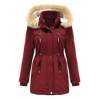 Damen modische Outdoor-Jacke mit abnehmbarem Kunstfellkragen und elastischem Taillenzug