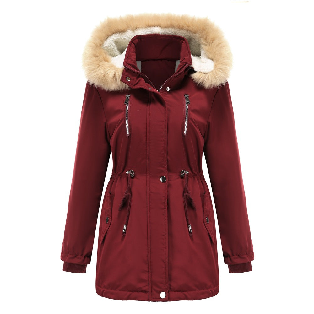 Damen modische Outdoor-Jacke mit abnehmbarem Kunstfellkragen und elastischem Taillenzug