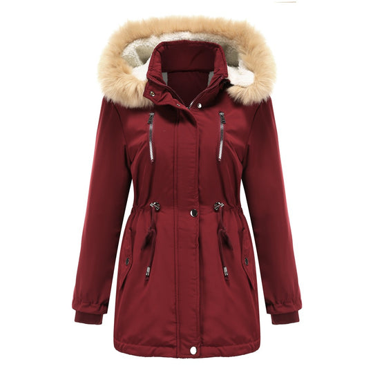 Damen modische Outdoor-Jacke mit abnehmbarem Kunstfellkragen und elastischem Taillenzug R&B