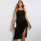 Damen lässiges Midi-Kleid mit verstellbaren Spagettiträgern und seitlichem Rüschendetail R&B