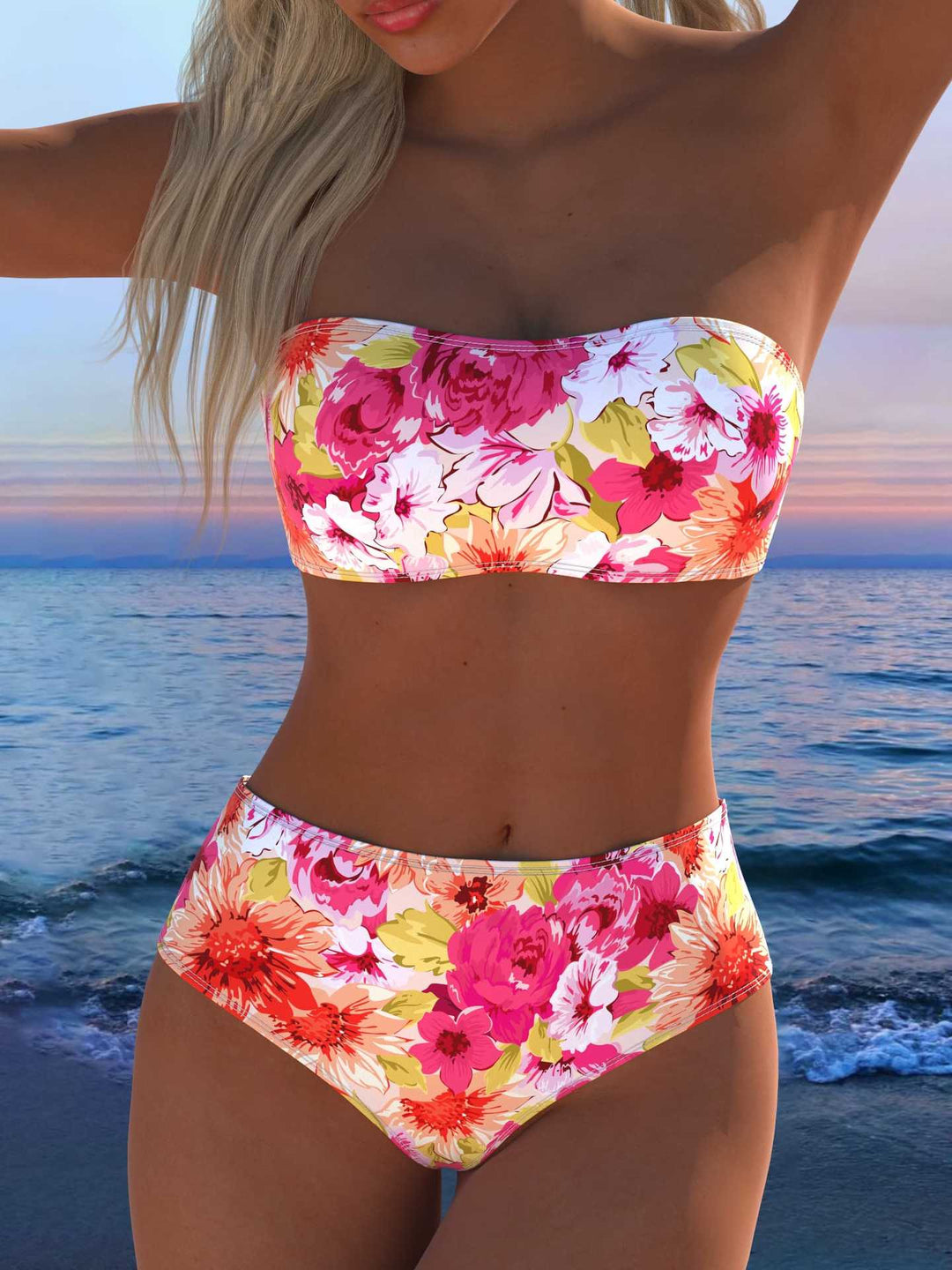 Damen Bandeau Bikini-Set mit tierischem Muster und hohem Taillenbund R&B