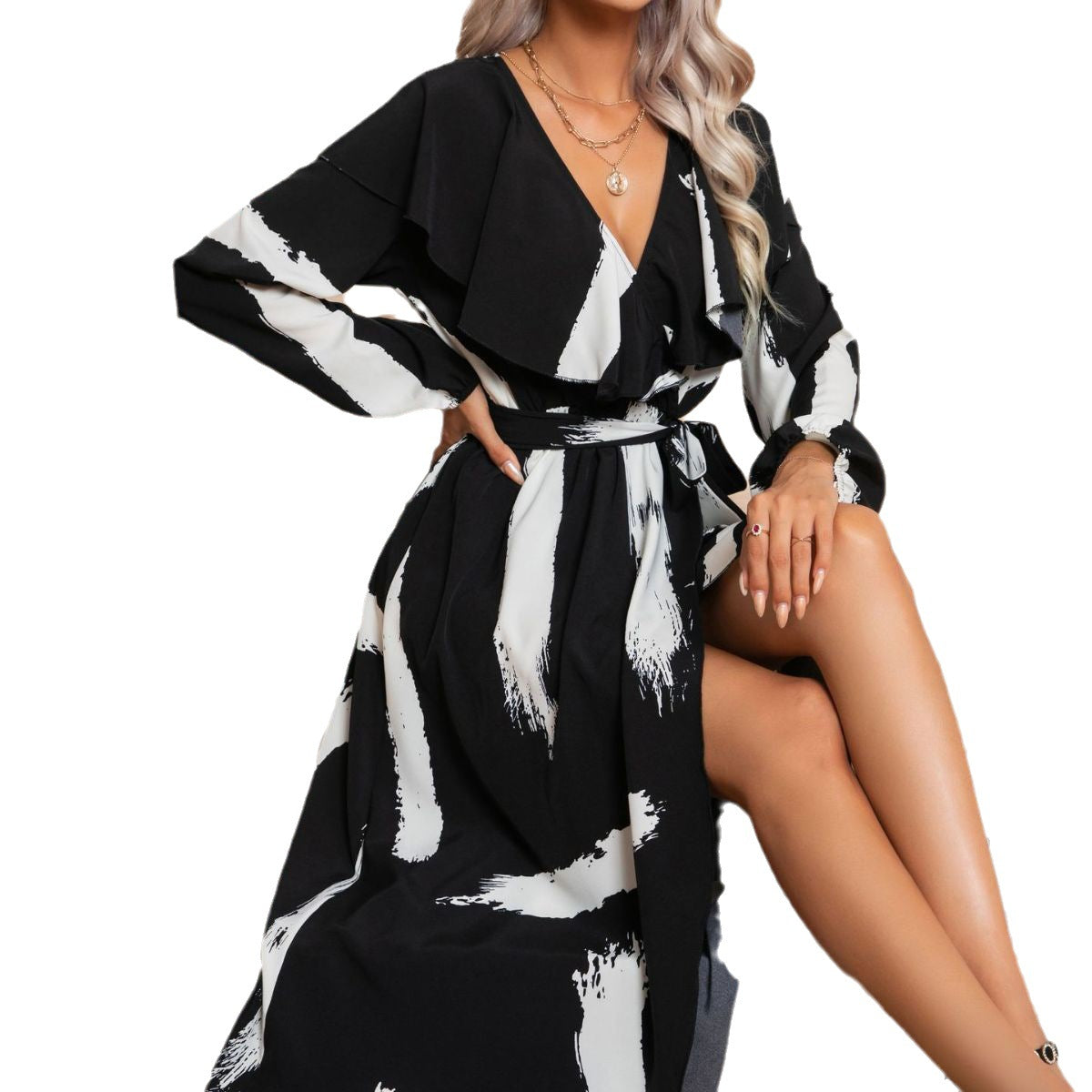 Damen Maxikleid mit asymmetrischem Saum und aufregendem Rüschendesign R&B