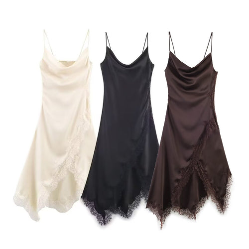 Damen edles Spaghetti-Trägerkleid mit zarter Spitze und fließendem Satin R&B