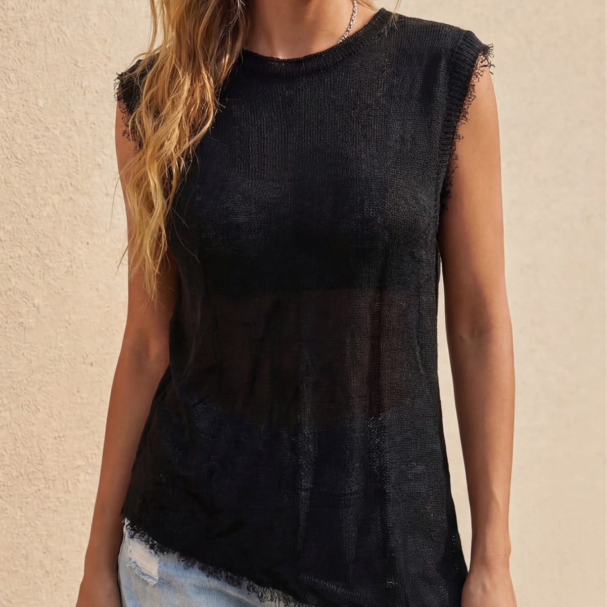 Damen lässiges Leinen-Top mit fransigen Details R&B
