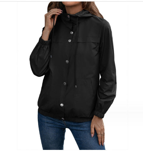 Damen Windbreaker Jacke mit verstellbarem Kapuzenkragen und seitlichen Taschen R&B