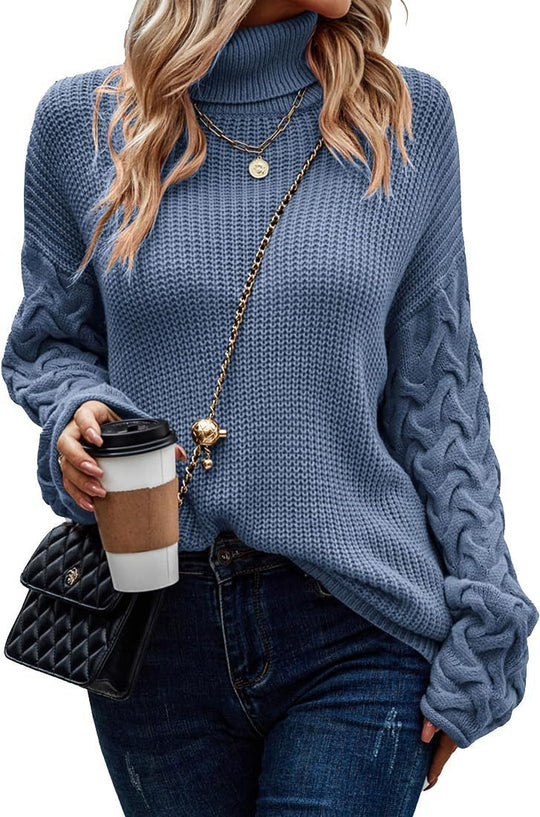 Damen Grobstrickpullover mit modernem Zopfdesign und hohem Kragen R&B