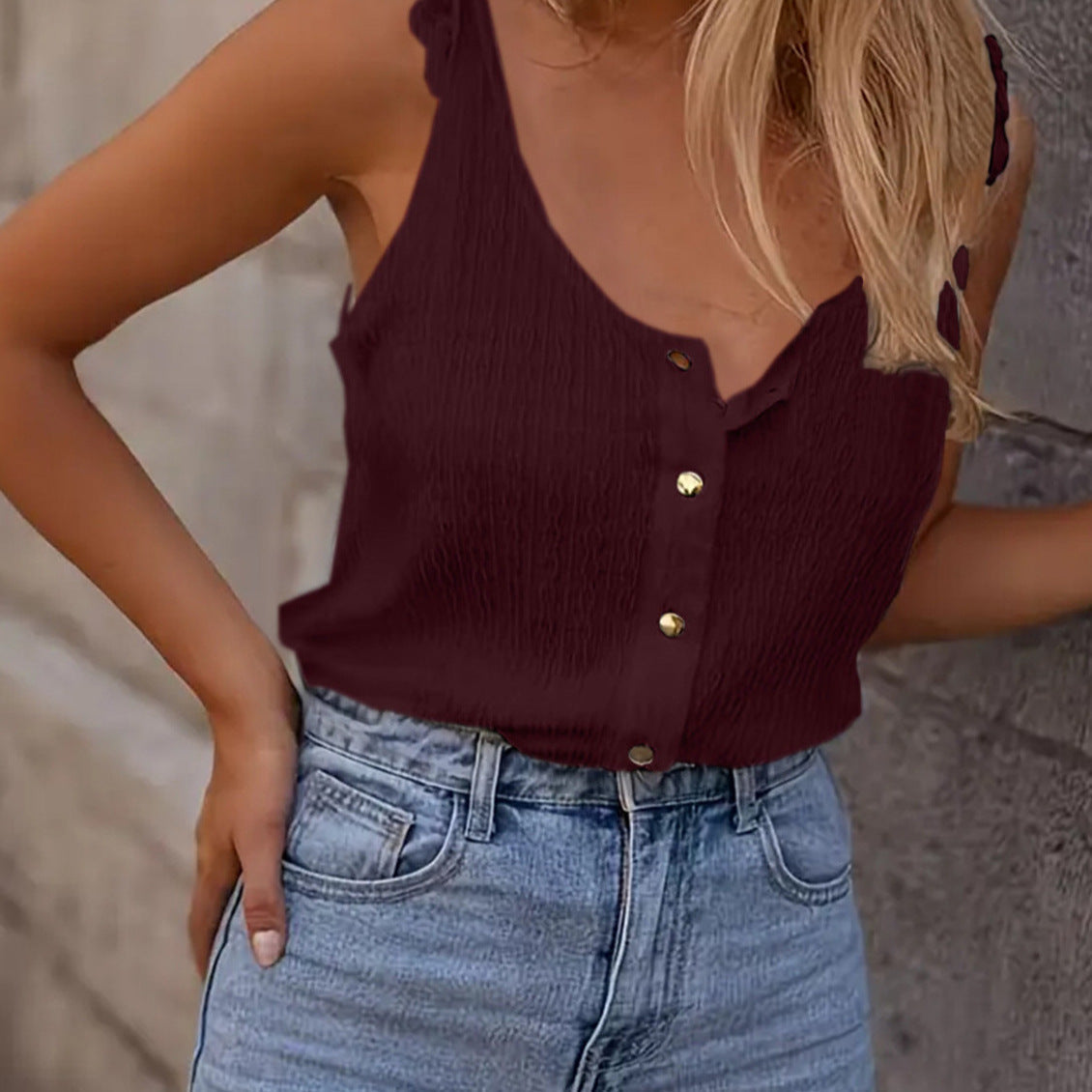Damen luftige Bluse mit Knopfleiste und Rüschen R&B