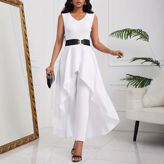 Damen Elegante Jumpsuit mit asymmetrischem Rock und tiefem V-Ausschnitt R&B