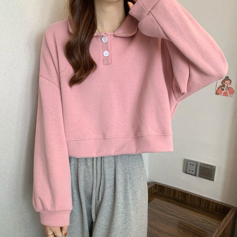 Damen Kurzarm Sweatshirt mit modischem Kragen und dekorativen Knöpfen