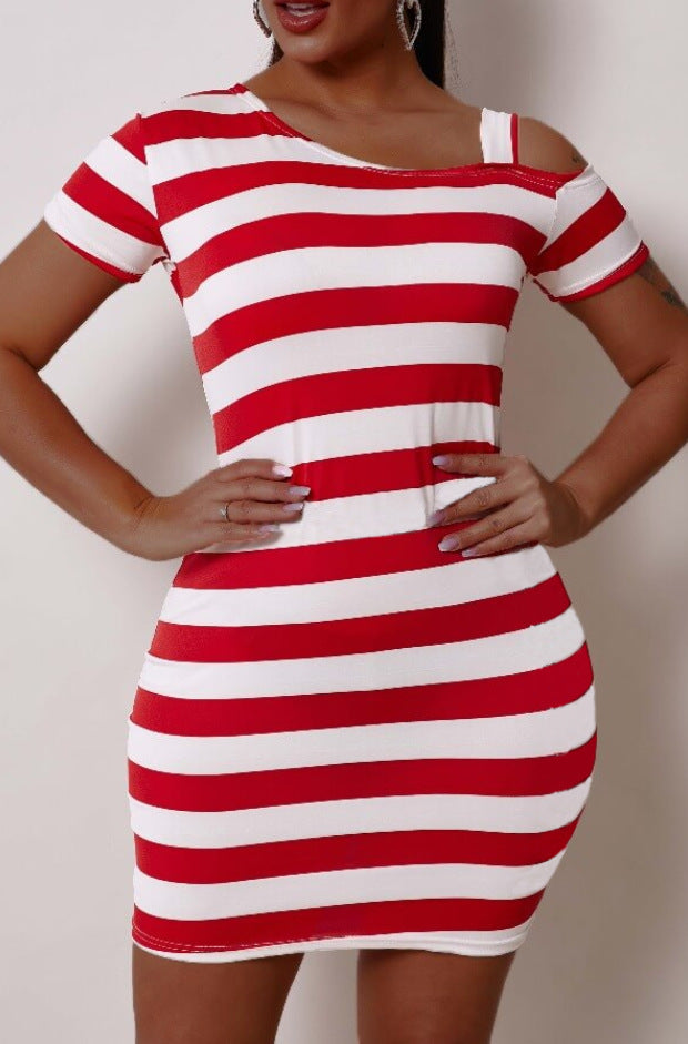 Damen Kurzarm Kleid mit asymmetrischem Ausschnitt und Streifenmuster R&B