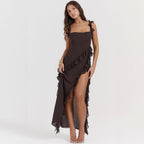 Damen asymmetrisches Maxi-Kleid mit Rüschendetails und hohem Schlitz R&B