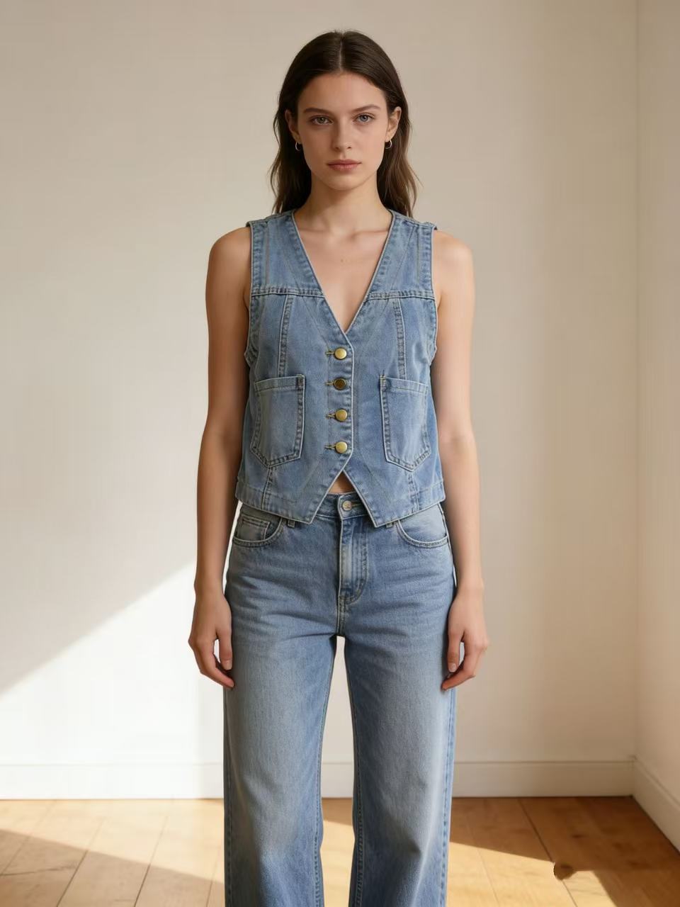 Damen lässige Denim-Weste mit Knopfdetails und aufgesetzten Taschen R&B
