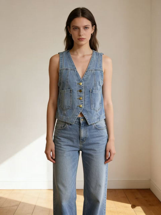 Damen lässige Denim-Weste mit Knopfdetails und aufgesetzten Taschen R&B