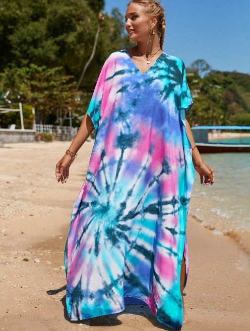 Damen Strandkleid mit buntem Batikdesign und weit geschnittenen Ärmeln R&B