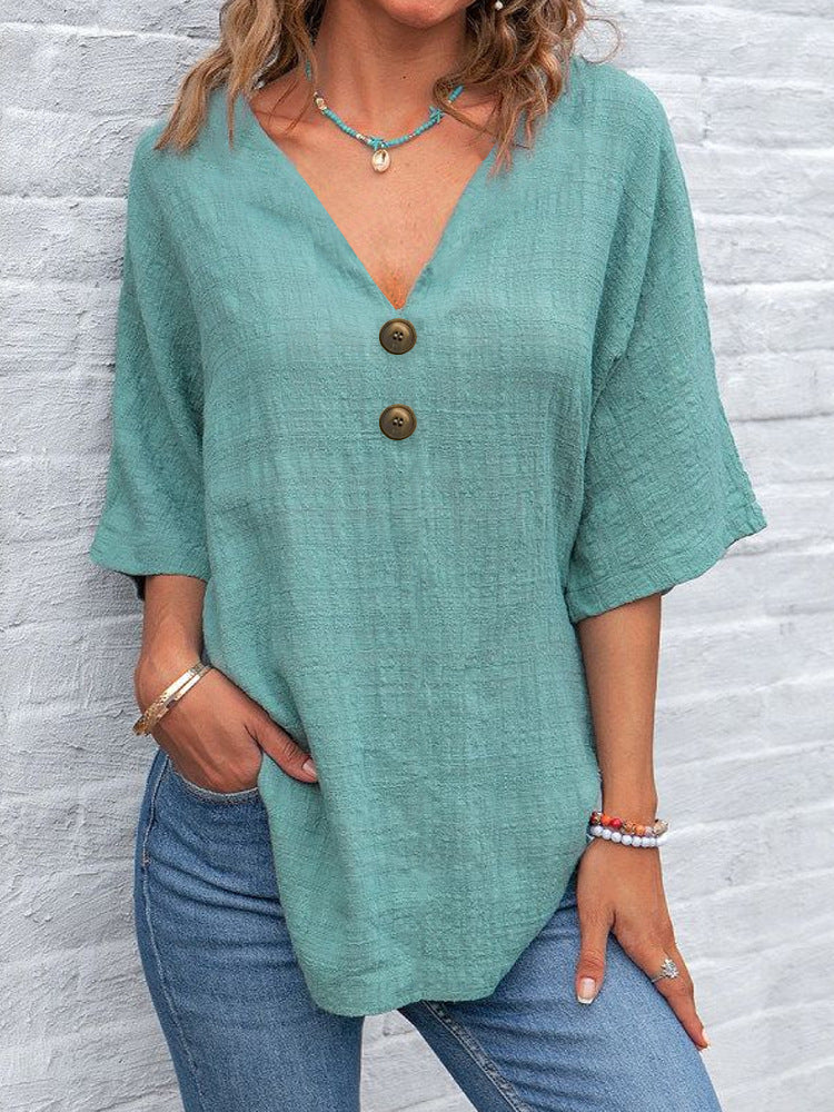 Damen V-Ausschnitt Bluse mit dekorativen Knöpfen und lässigem Schnitt R&B