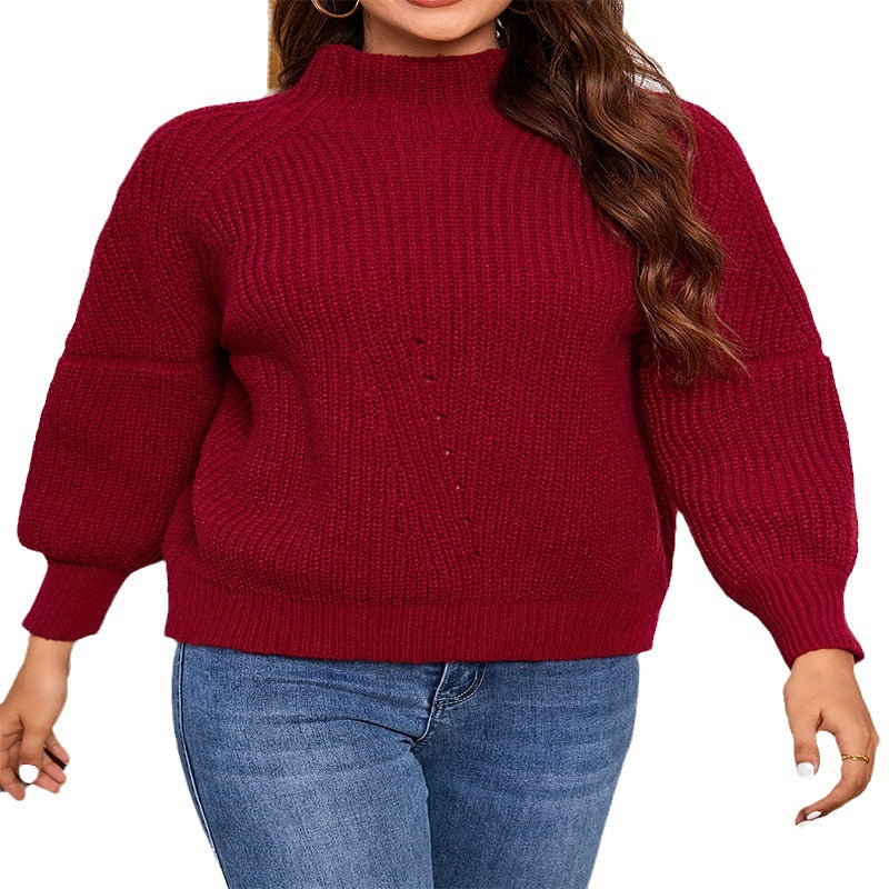 Damen Strickpullover mit hohem Kragen und Volumenärmel R&B