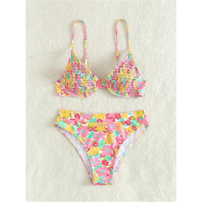 Damen Hochgeschnittener Bikini mit floralem Muster und schmalen Trägern R&B