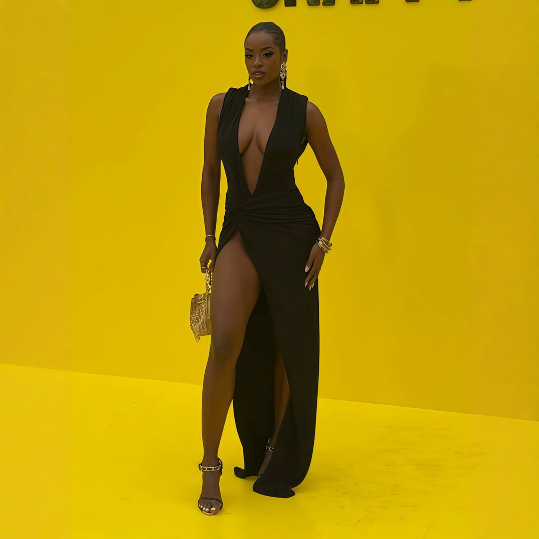 Damen elegantes langes Kleid mit tiefem V-Ausschnitt und raffinierter Raffung R&B