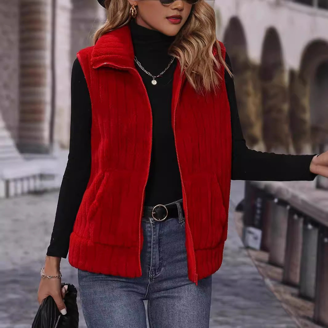 Damen Flauschige Weste mit Karomuster und Taschen R&B