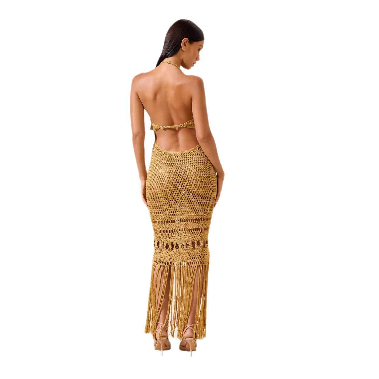 Damen Häkel-Strandkleid mit tiefem V-Ausschnitt und kreativem Cut-Out R&B