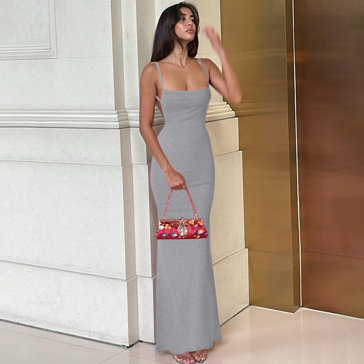 Damen Figurbetontes Langkleid mit schmalen Spaghetti-Trägern R&B