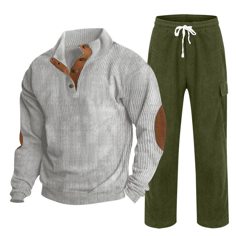 Herren nan strukturiertes Feinstrick-Halbknopf-Pullover und Feincord-Cargo-Zweiteiler R&B