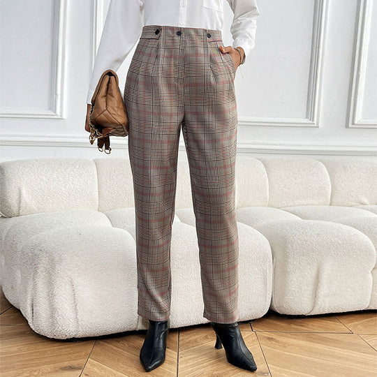 Damen Karottenhose mit hochgezogenem Bund und modischem Karo-Muster R&B