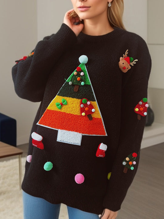 Damen Weihnachts-Pullover mit festlichem 3D-Motiv und dekorativen Applikationen R&B