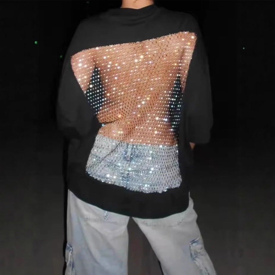 Damen nan Oversize-T-Shirt mit transparentem Netzrücken, Strassbesatz und Jeans-Print R&B
